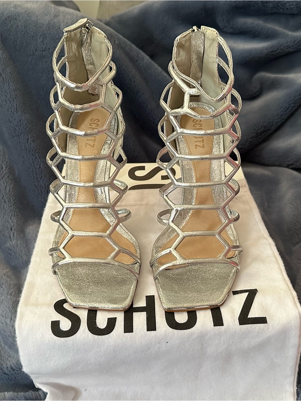 SCHUTZ Metallic Silver Strappy Cage High Heels